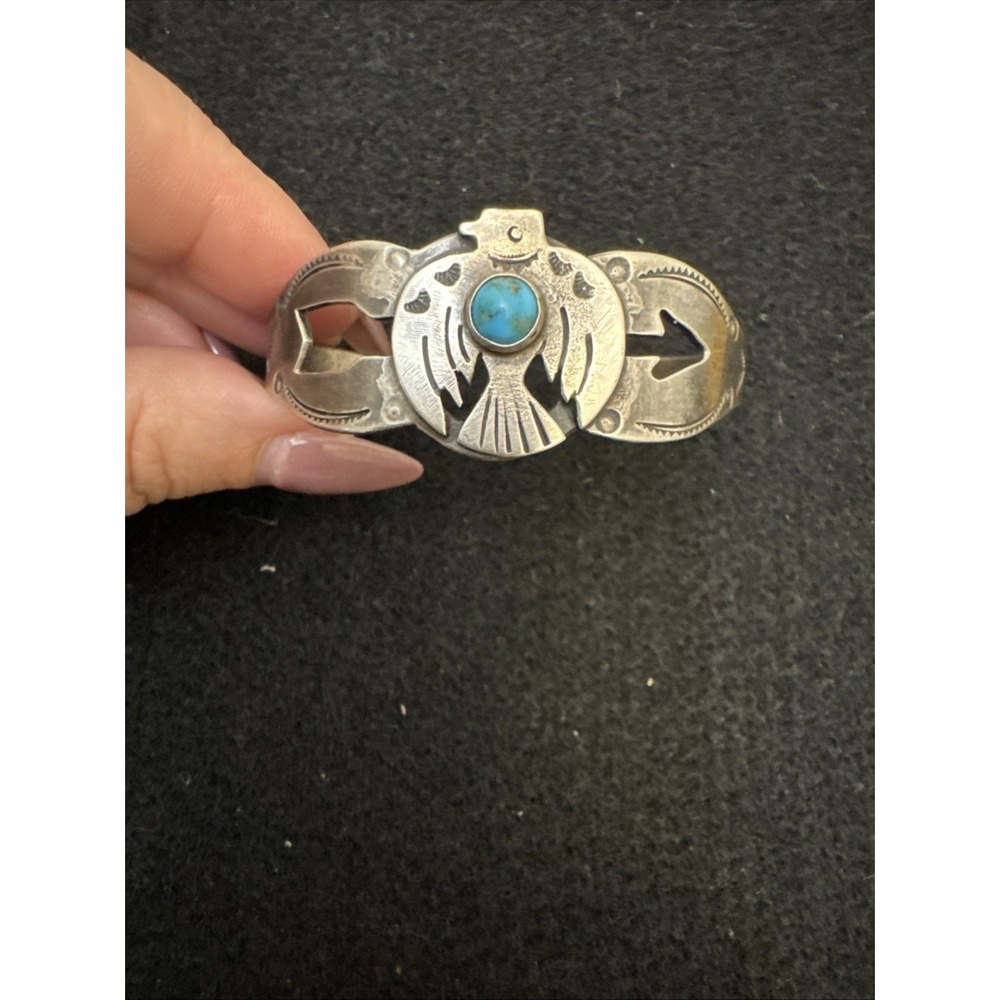 OLD FRED HARVEY era Navajo THUNDERBIRD Turquoise Sterling Bracelet